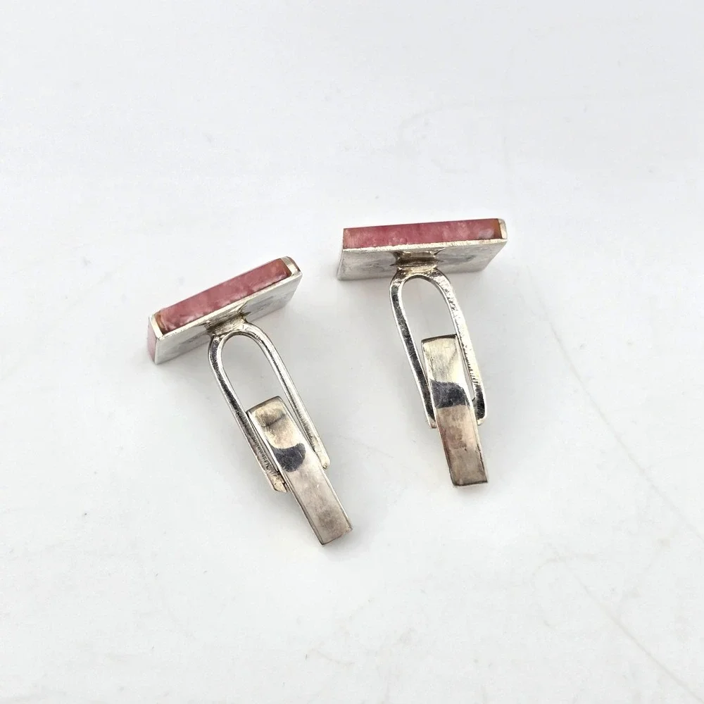 950 Fine Silver MCM (Rhodochrosite?) Stone Inlay Cufflinks
